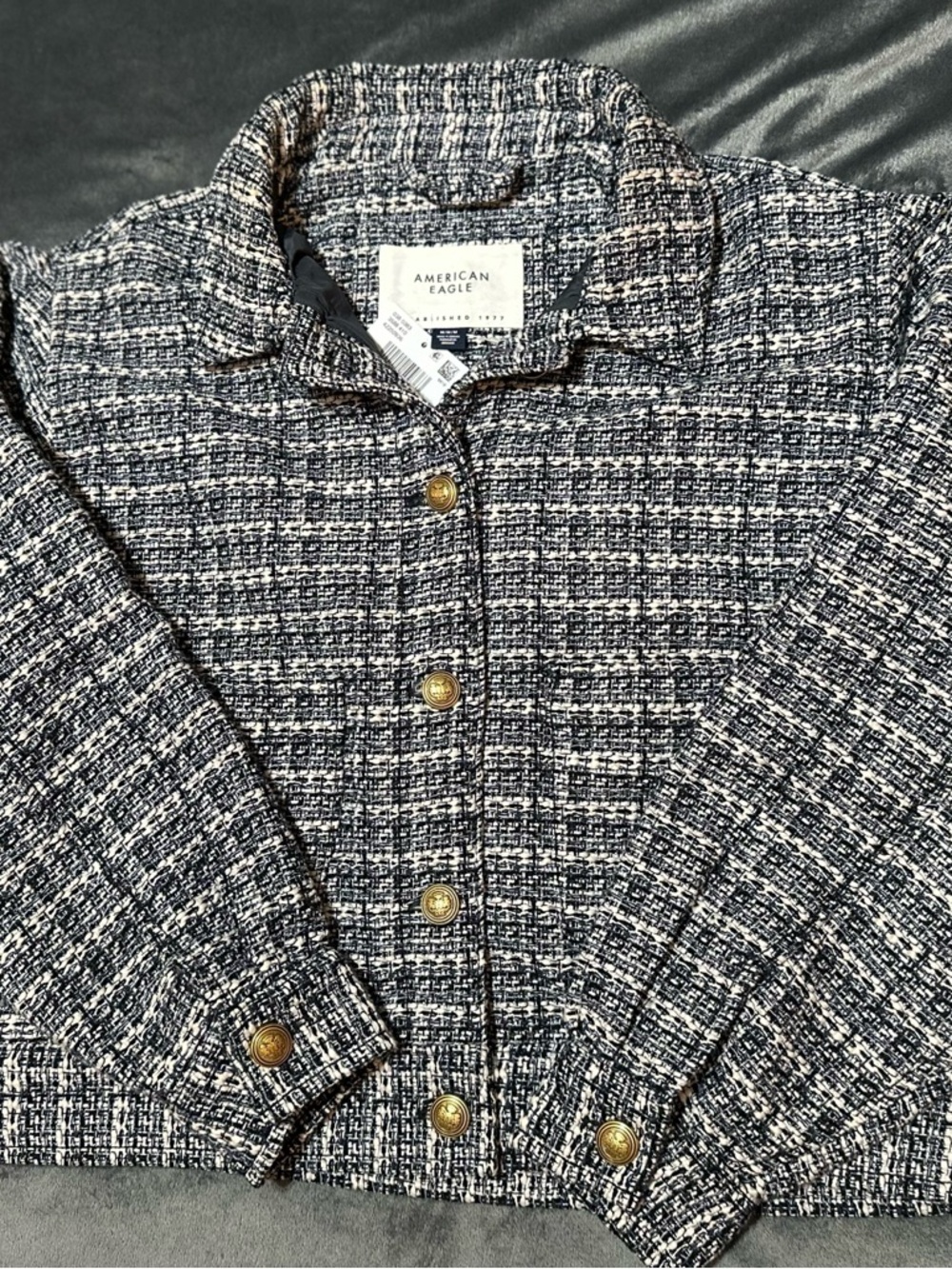 American Eagle Outfitters Blue & White Tweed Button-Front Jacket